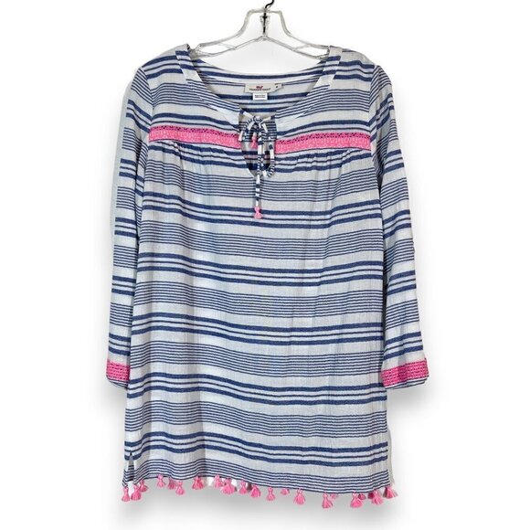 Vineyard Vines Striped Tassel Dress Medium Blue White Pink Boho Tunic Cover-Up - Picture 1 of 8